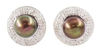 Pair of 9ct gold chocolate pearl and diamond circular stud earrings