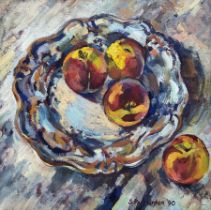 Susan Parmenter (British 1954-): Peaches on a Delft Plate