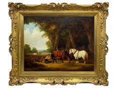 Manner of William Shayer (British 1787-1879): Men and Ponies Taking a Rest