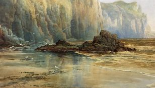 Reginald Smith (British 1855-1925): Seagulls on the Shore beneath Rocky Cliffs