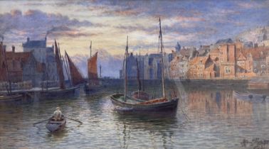John Pearson (British ?-1921): Looking down the Esk to Whitby Harbour at Sunset