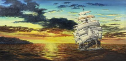 Keith Sutton (British 1924-1991): Privateer off the Coast at Sunset