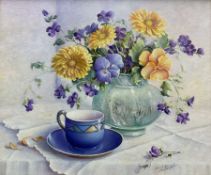 Trisha Hardwick (British 1949-2022): 'Summer Blue' - Still Life of Flowers with Cup of Tea
