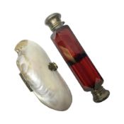 Victorian ruby glass double end scent bottle with silver covered to either end