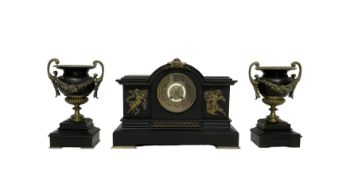 French - late 19th century 8-day mantle clock with garnitures in a break front Belgium slate case