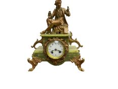 French - Edwardian 8-day mantle clock in a green onyx case surmounted by a figure of an 18th century