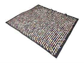 20th Century silk and satin tumbling blocks pattern patchwork quilt with black border 228cm X 196cm