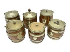 Five early 20th century biscuit barrels with silver-plated mounts