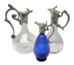 Silver plate mounted blue glass claret jug of ovid form