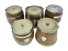 Five early 20th century biscuit barrels with silver-plated mounts