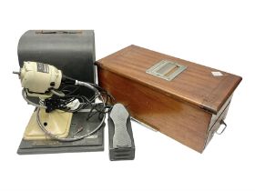 Vintage wooden cash till and a CJ Plucknett bench grinder