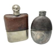 Silver plated glass and pressed leather hip flask