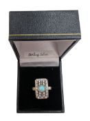 Silver and silver-gilt Art Deco style opal and cubic zirconia cluster ring