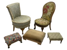 Victorian spoon back nursing chair; upholstered bedroom chair; three stools (5)