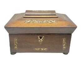 Victorian inlaid rosewood tea caddy of sarcophagus form H18cm