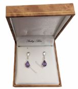 Pair of silver amethyst pendant stud earrings