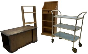 Polished pine bookcase with drawer (W53cm); small oak open bookcase; three-tier trolley; 1950s coffe