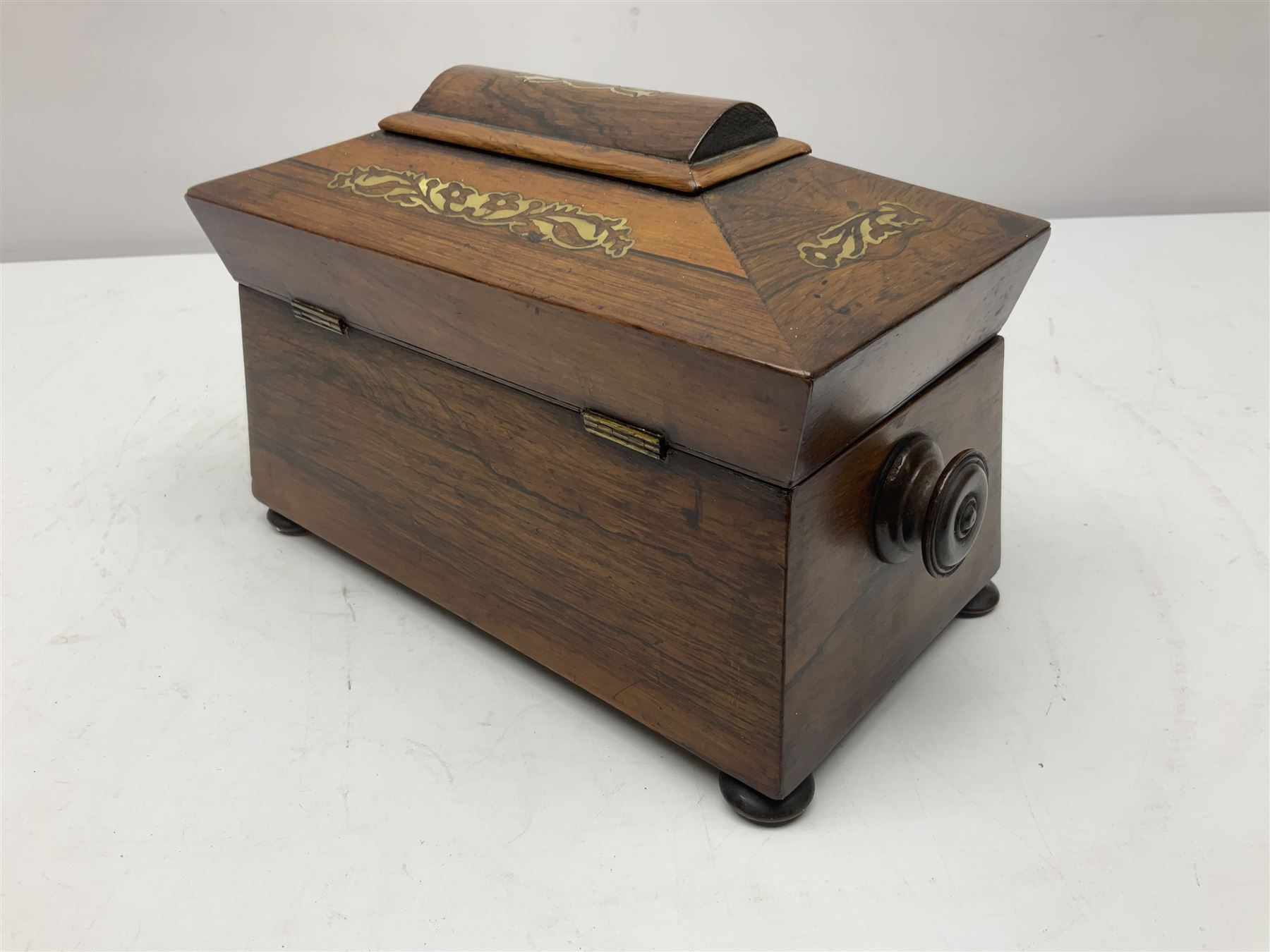 Victorian inlaid rosewood tea caddy of sarcophagus form H18cm - Image 6 of 6
