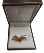 Silver Baltic amber dachshund brooch