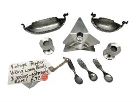 Two Handstopt pewter salts modelled as long boats with spoons