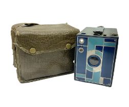 mid 20th century Beau Brownie box camera in a blue colourway in original case
