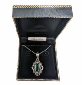 Silver marcasite and green stone pendant necklace