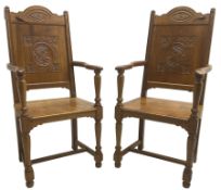 Pair of 17th century design oak open armchairs