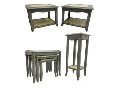 Pair of cream and grey finish square lamp tables with undertiers (60cm x 60cm