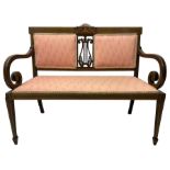 Edwardian inlaid mahogany two-seat settee or hall bench