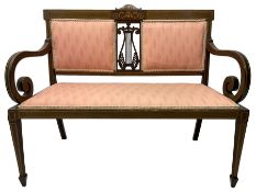 Edwardian inlaid mahogany two-seat settee or hall bench