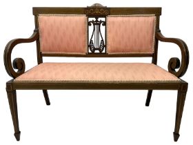 Edwardian inlaid mahogany two-seat settee or hall bench