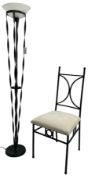 Wrought metal standard lamp (H170cm); wrought metal side chair with curved X-framed back over uphols