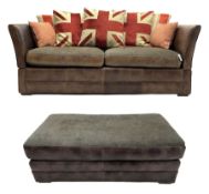Large Knole design three-seat sofa upholstered in brown leather with scatter cushions upholstered in