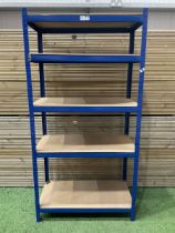 Blue five tier metal shelving unit
