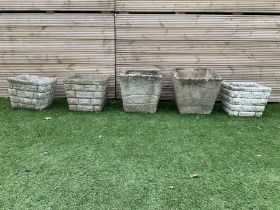 Set of five cast stone square planters - THIS LOT IS TO BE COLLECTED BY APPOINTMENT FROM DUGGLEBY S