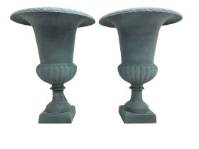 Pair of Victorian design teal painted cast iron campana shaped garden urns