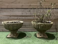 Pair of large decorated cast stone planters on plinths