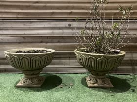 Pair of large decorated cast stone planters on plinths