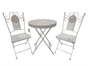 Wrought iron mesh style round bistro table and two chairs in white finish