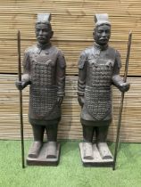 Pair of large terracotta warriors holding a spear (H150cm)