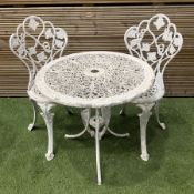 Cast aluminium white painted garden table and two chairs