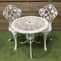 Cast aluminium white painted garden table and two chairs