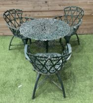 Cast aluminium garden table and three chairs painted in green - THIS LOT IS TO BE COLLECTED BY APPOI