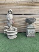 Three section cast stone garden figure of a boy carrying fishing net and a satchel with a water feat