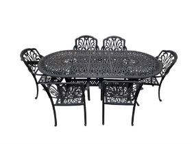 Victorian design painted aluminium oval garden table and six chairs
