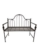 Wrought metal central arch shaped back garden bench in dark metallic finish