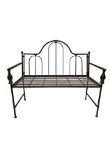 Wrought metal central arch shaped back garden bench in dark metallic finish
