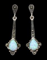 Pair of opal and marcasite silver pendant earrings