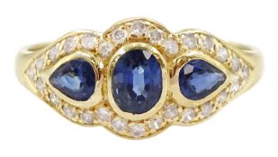 18ct gold three stone oval and pear cut sapphire ring