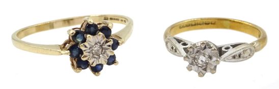 18ct gold single stone diamond chip ring and a 9ct gold sapphire and diamond cluster ring